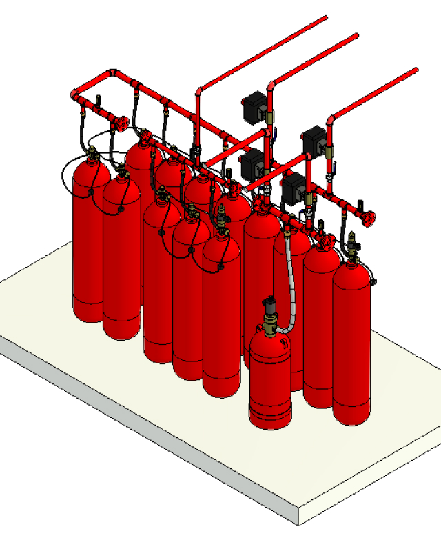 Banco pressurizado com múltiplos cilindros de agente limpo para supressão simultânea